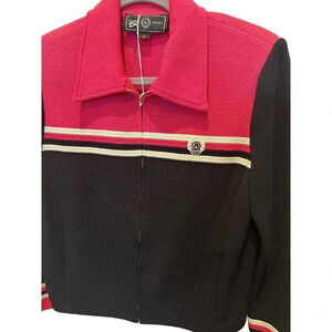St.‎ John Sport Pink Black Striped Knit Collared Zip Up Jacket Size Small